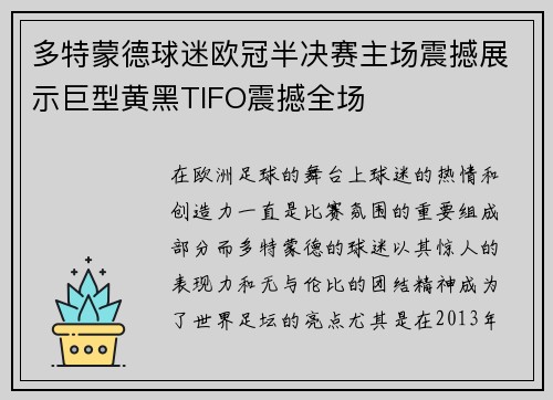 多特蒙德球迷欧冠半决赛主场震撼展示巨型黄黑TIFO震撼全场
