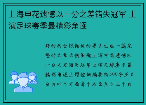 上海申花遗憾以一分之差错失冠军 上演足球赛季最精彩角逐