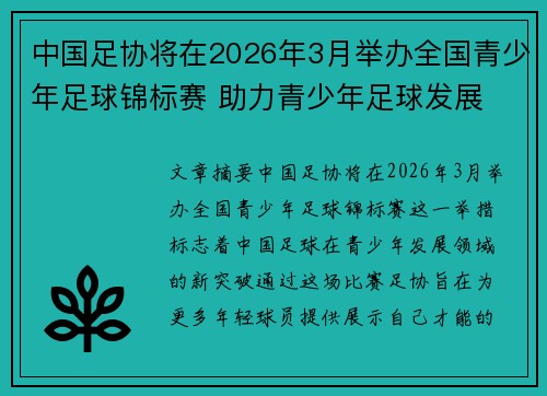 中国足协将在2026年3月举办全国青少年足球锦标赛 助力青少年足球发展