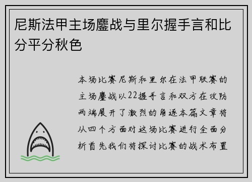 尼斯法甲主场鏖战与里尔握手言和比分平分秋色