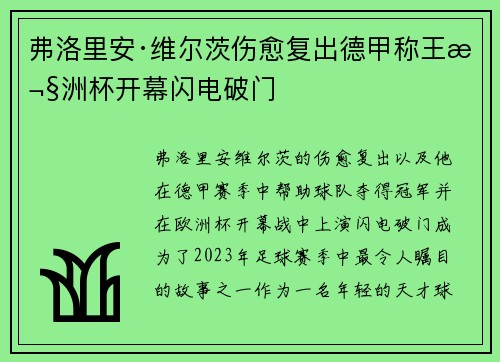 弗洛里安·维尔茨伤愈复出德甲称王欧洲杯开幕闪电破门 弗洛里安·维尔茨伤愈复出德甲称王欧洲杯开幕闪电破门